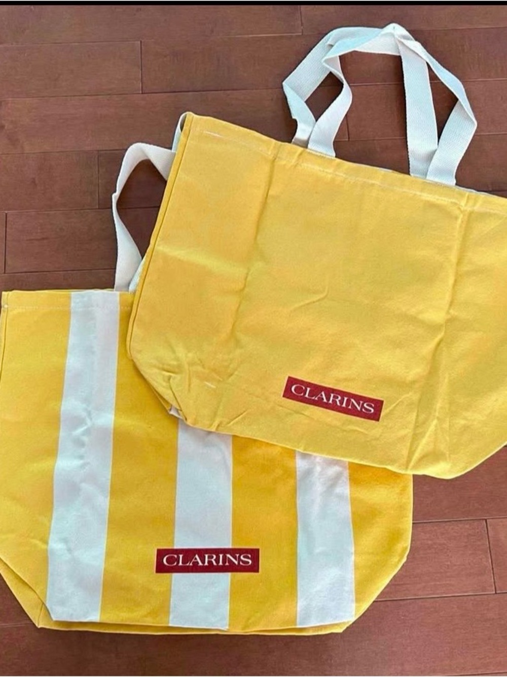 2/12$ Clarins Yellow & White Stripe Canvas Tote Bags - Picture 3 of 4